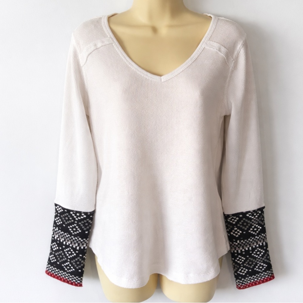 Kismet Waffle Knit V-Neck Top Fair Isle Cuffs Cream Runs Large (runs small)